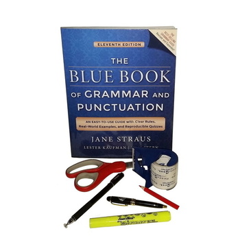 thesaurus, highlighter, red pen, scissors, writing utinsels